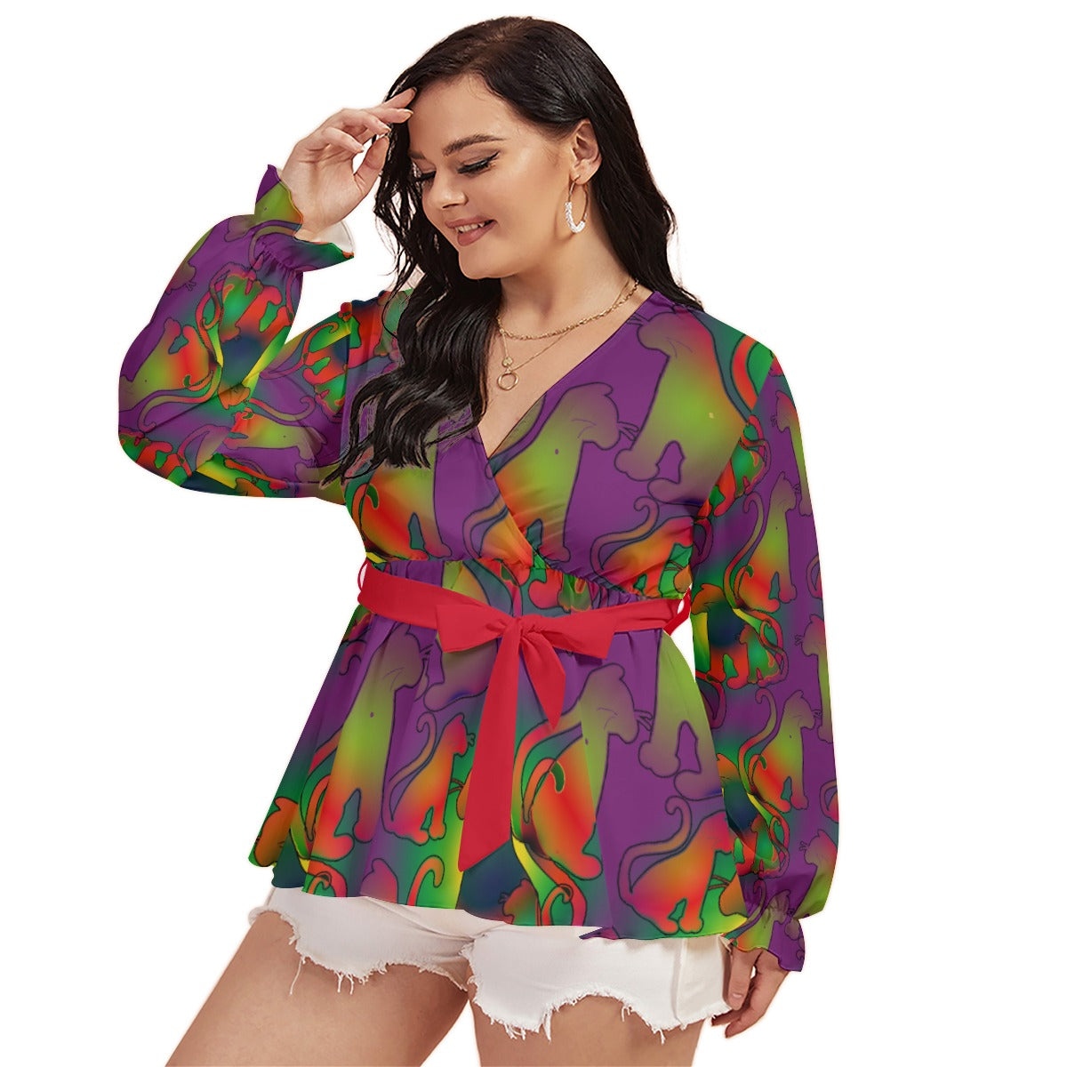 Abstract Cats All-Over Print Women's V-neck T-shirt With Waistband (Plus Size)
