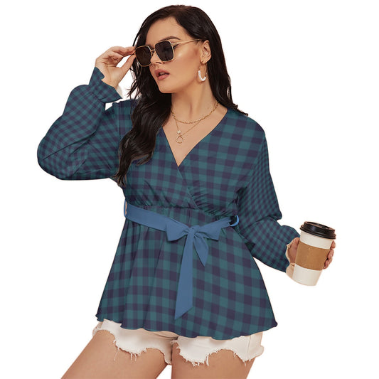 Blue Gingham All-Over Print Women's V-neck T-shirt With Waistband (Plus Size)