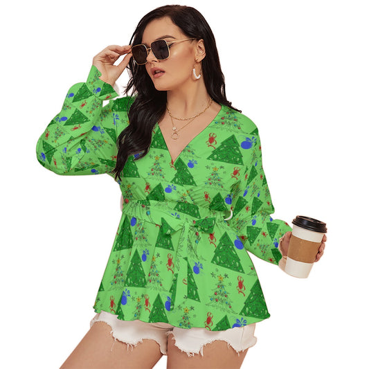 All-Over Print Women's V-neck T-shirt With Waistband Plus Size