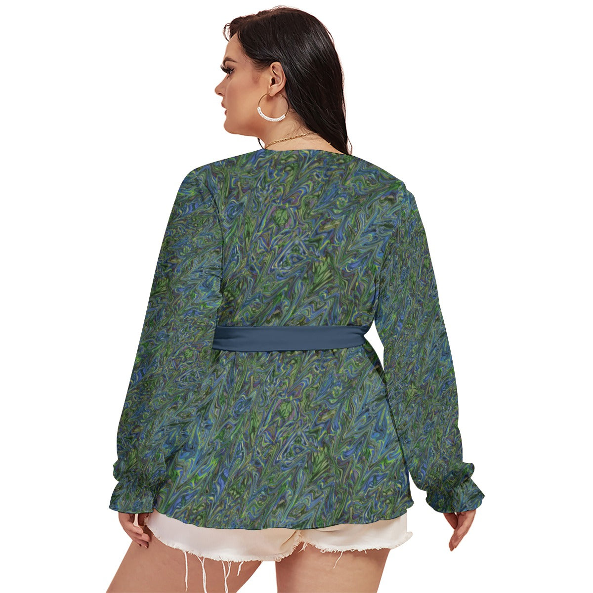 Blue Green liquid Marbling All-Over Print Women's V-neck T-shirt With Waistband (Plus Size)