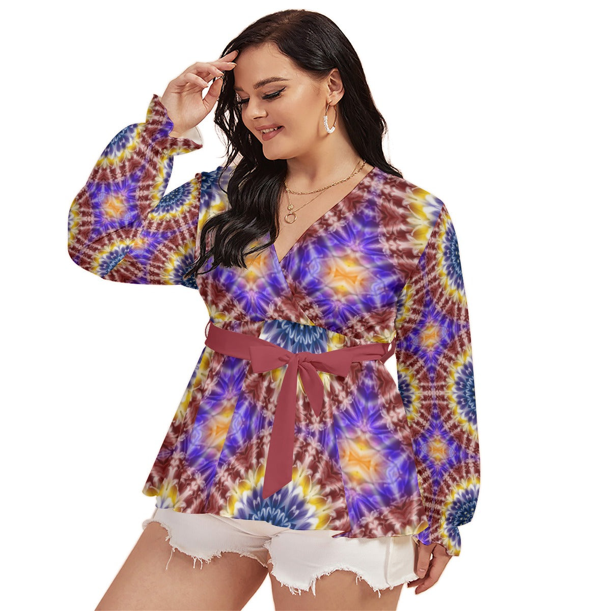 Rainbow Flower Kaleidoscope All-Over Print Women's V-neck T-shirt With Waistband (Plus Size)