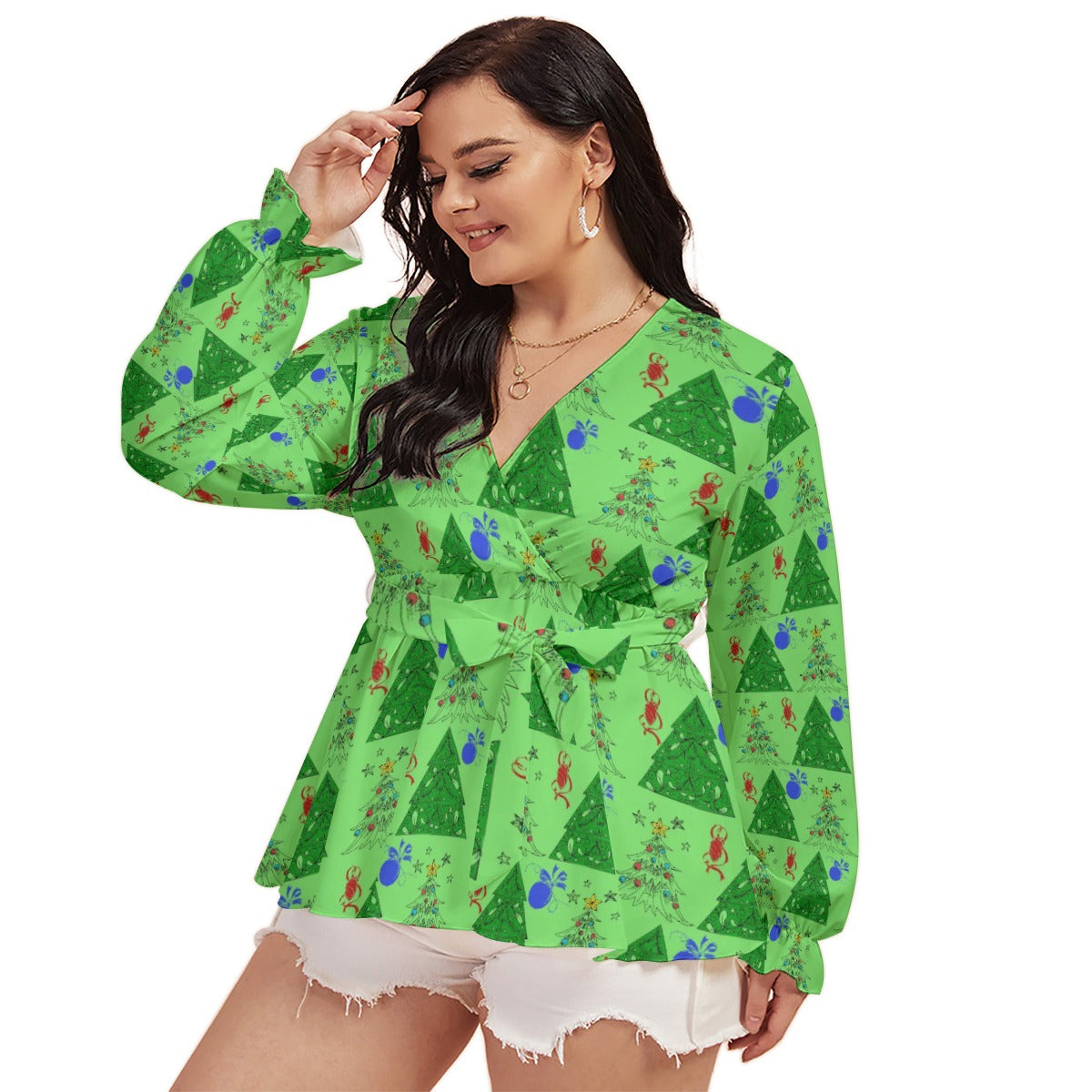 All-Over Print Women's V-neck T-shirt With Waistband Plus Size