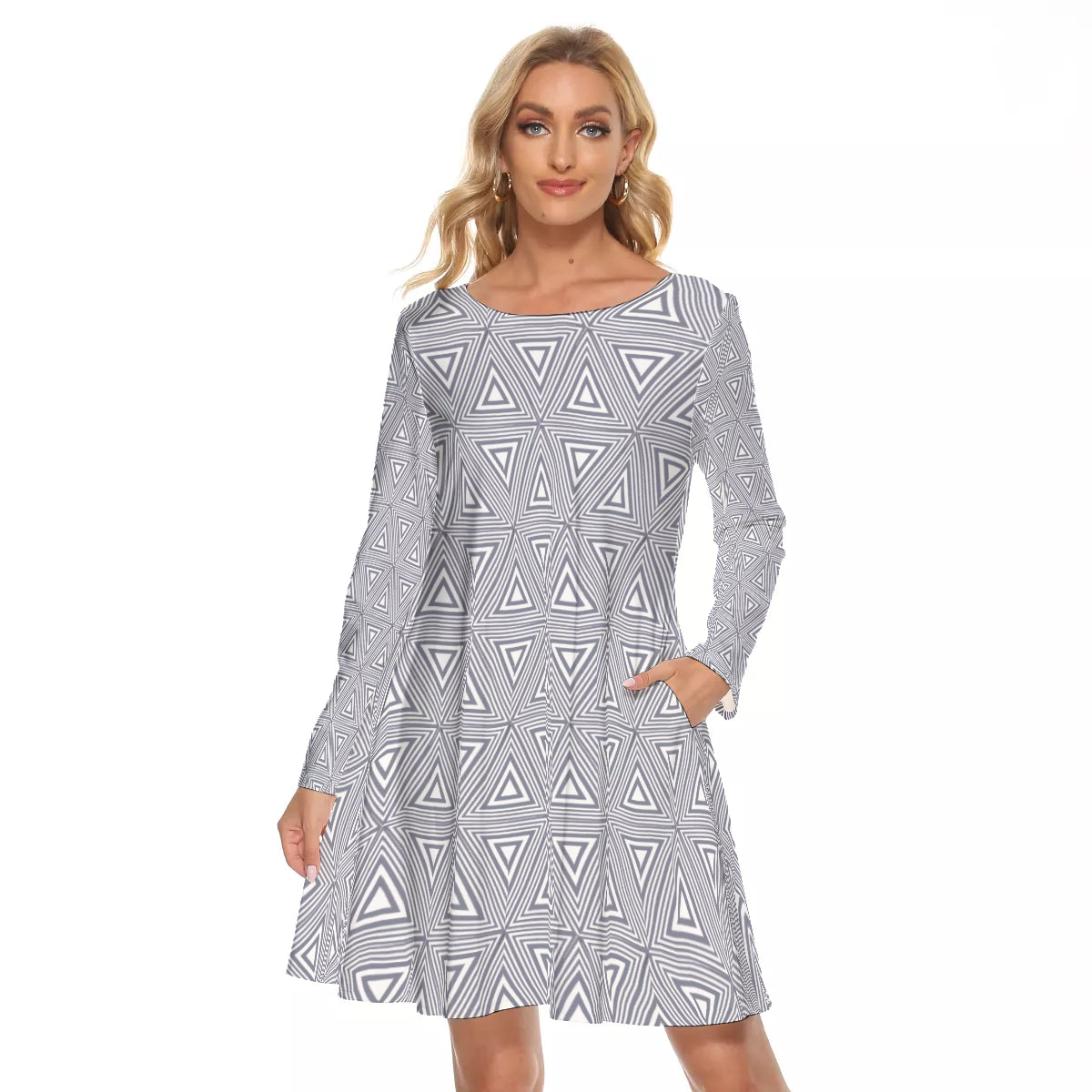 Gray Triangles All-Over Print Women's Crew Neck Dress