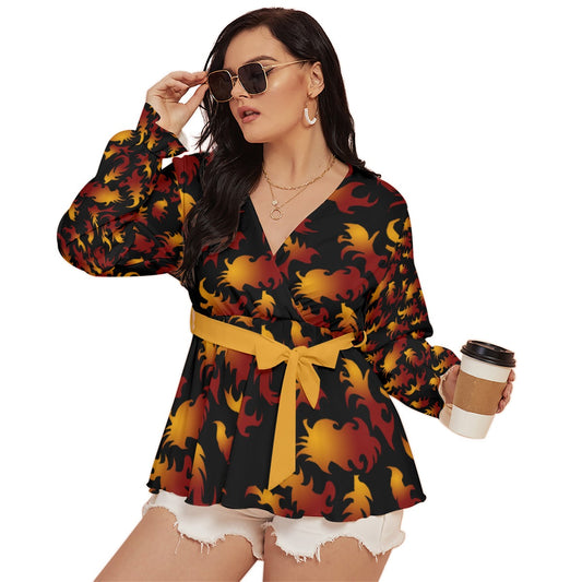 Abstract Flames Pattern All-Over Print Women's V-neck T-shirt With Waistband (Plus Size)