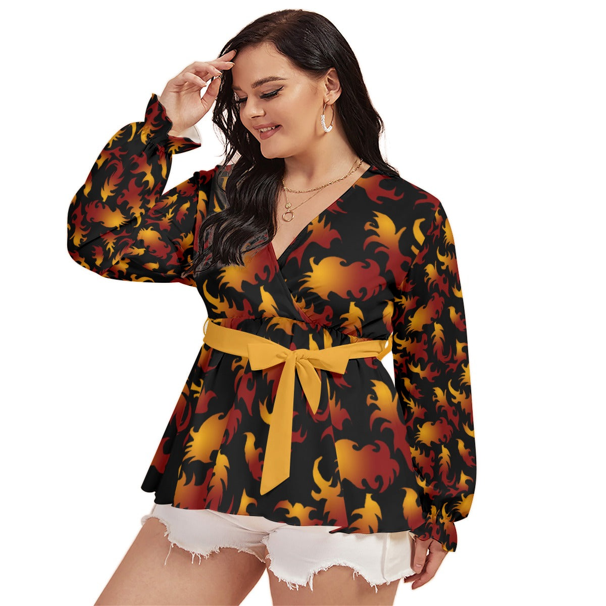 Abstract Flames Pattern All-Over Print Women's V-neck T-shirt With Waistband (Plus Size)