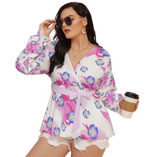 Blue Flowers On Pink All-Over Print Women's V-neck T-shirt With Waistband (Plus Size)