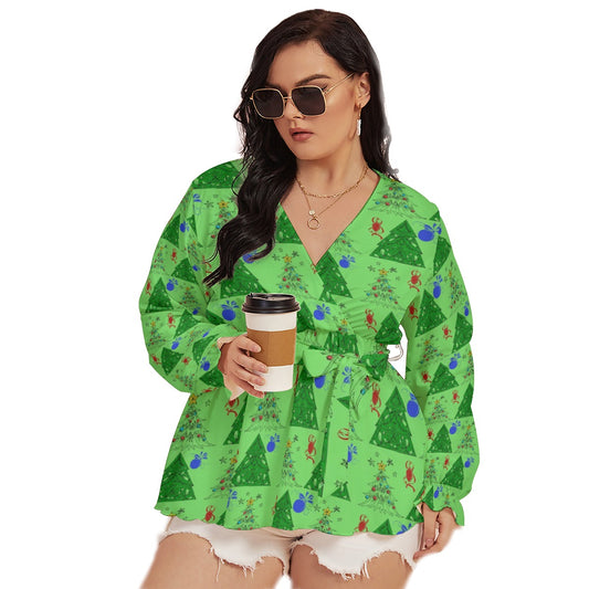 All-Over Print Women's V-neck T-shirt With Waistband Plus Size