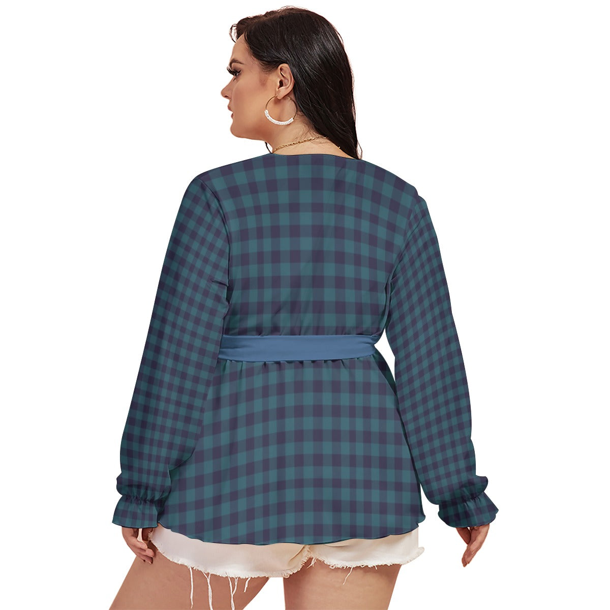 Blue Gingham All-Over Print Women's V-neck T-shirt With Waistband (Plus Size)