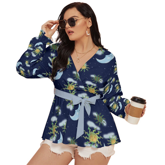 Antique Sun All-Over Print Women's V-neck T-shirt With Waistband (Plus Size)