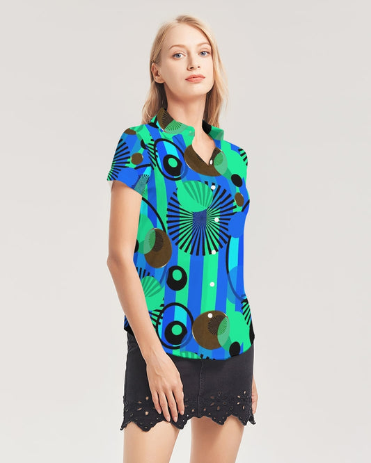 Blue Green Stripes and Dots Women's Short Sleeve Button Up