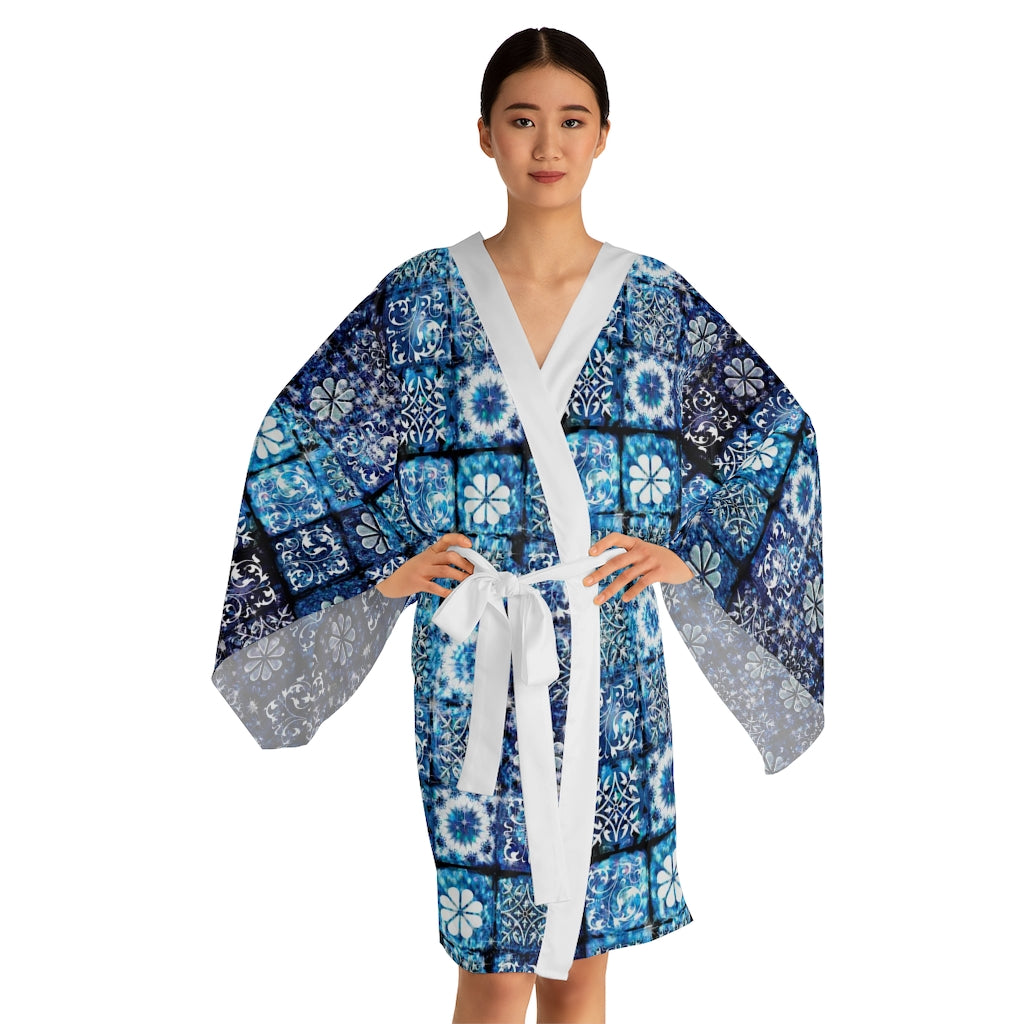 Blue Ice Crystals Motif Long Sleeve Kimono Robe