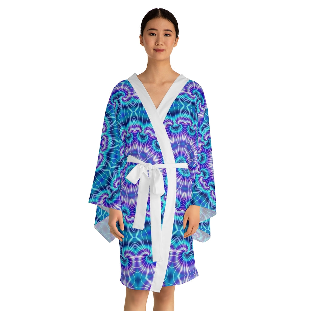 Blue and Purple Tie Dye Kaleidoscope Long Sleeve Kimono Robe