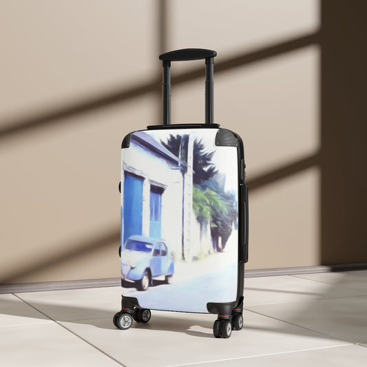 Vintage Travel Blue Car on The Street Cabin Suitcase