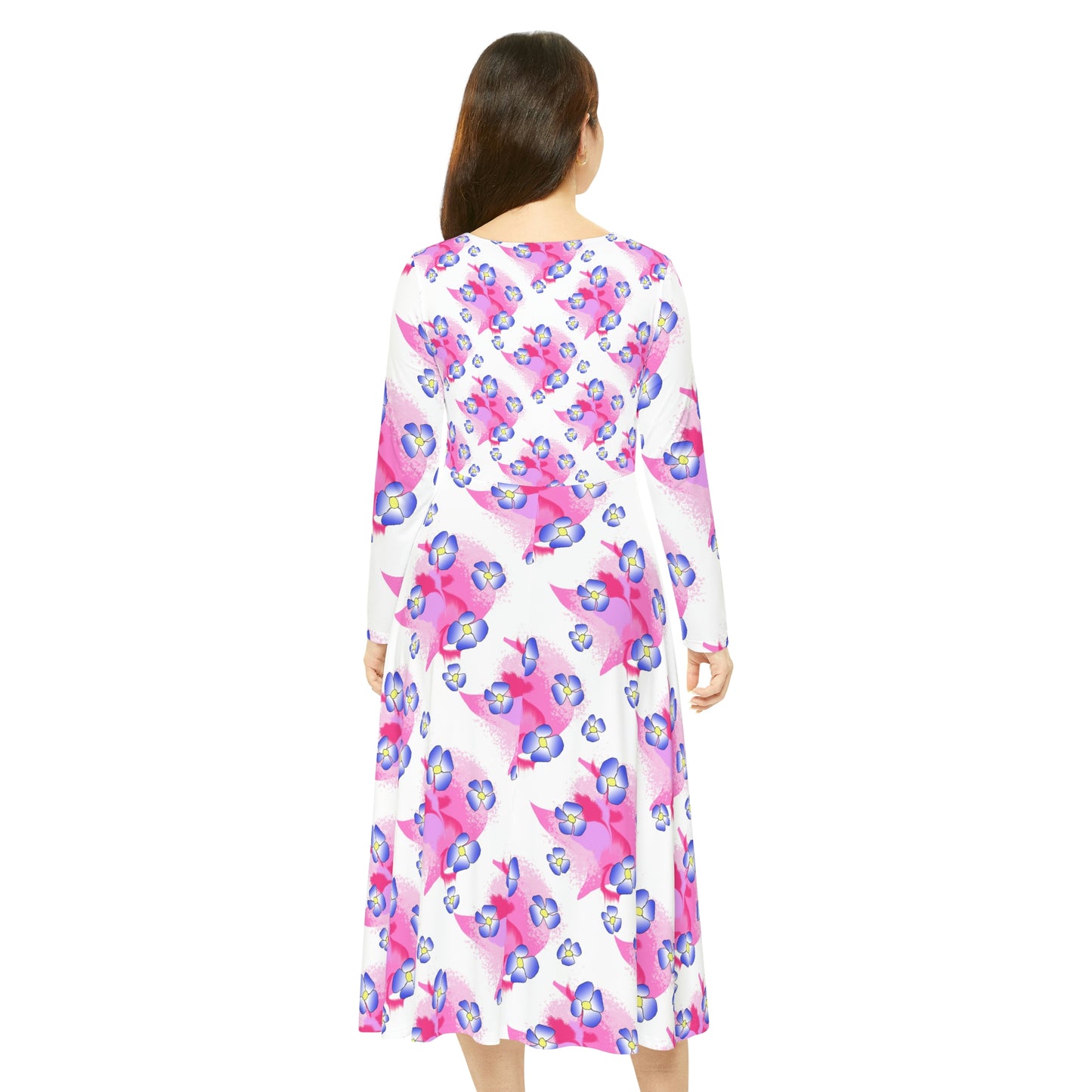 Blue Flowers on Pink Women's Long Sleeve Dance Dress
