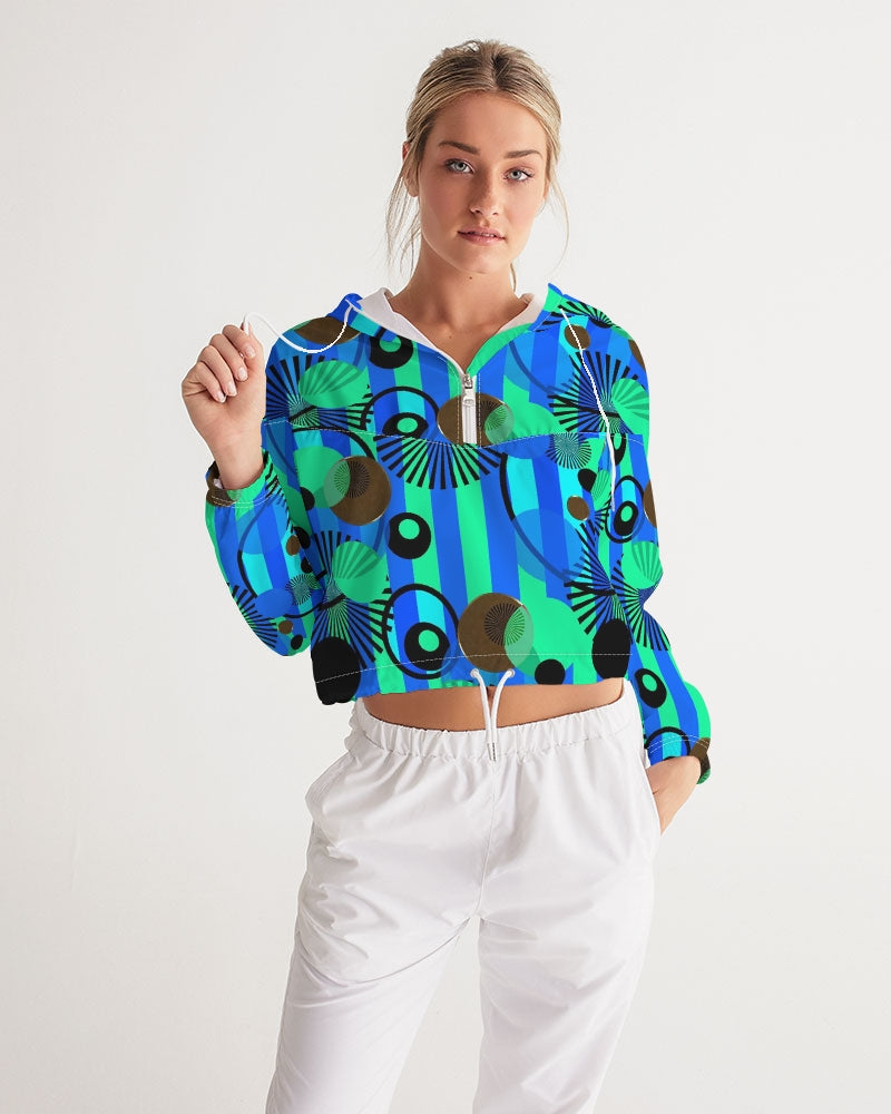 Blue Green Stripes and Dots Women's Cropped Windbreaker