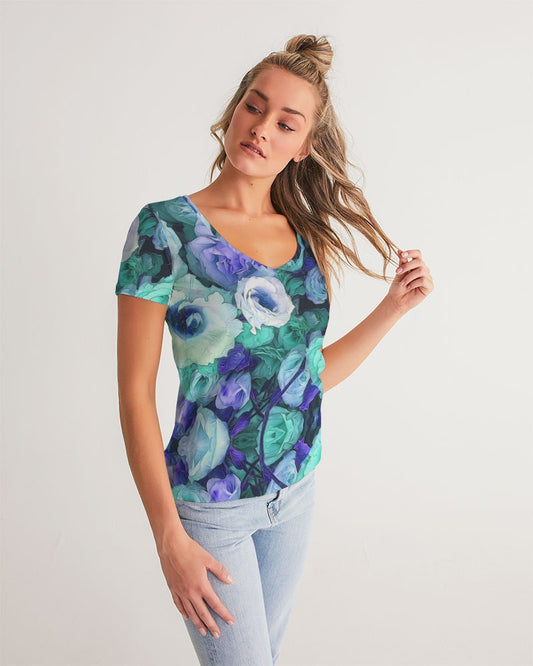 Aqua Flowers Women's V-Neck Tee
