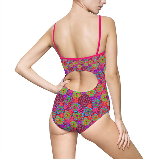 Pink Striped Flower Pattern Women's One-piece Swimsuit