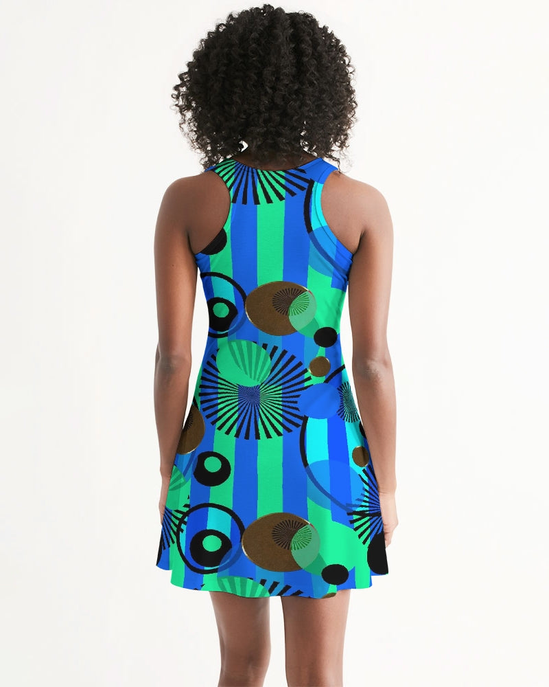 Blue Green Stripes and Dots Women's Racerback Dress