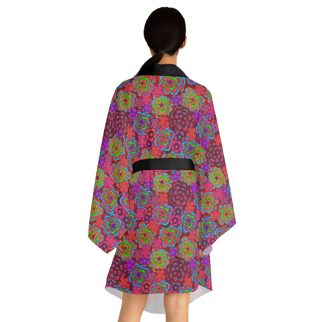 Pink Striped Flower Pattern Long Sleeve Kimono Robe