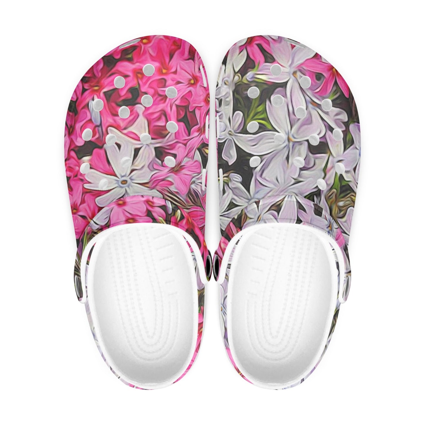 Pink and White Phlox 413. All Over Printed Clogs