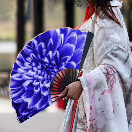 Blue Chrysanthemum Double-side Custom Spun Silk Fan Retro Hand-held Folding Fan