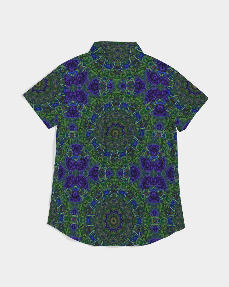 blue Green Ribbon Kaleidoscope Women's Short Sleeve Button Up