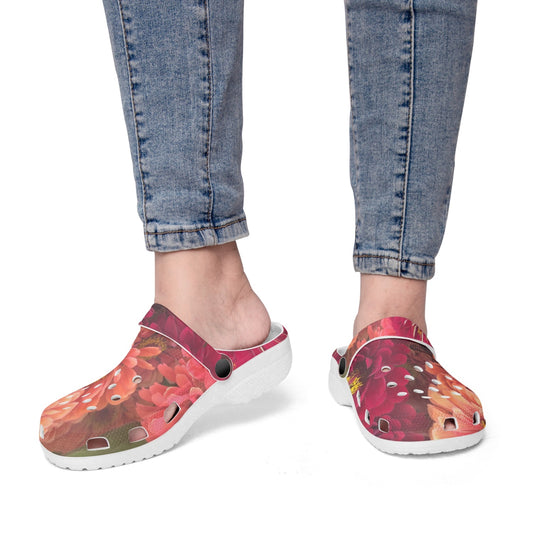 Peach and Pink Zinnias 413. All Over Printed Clogs