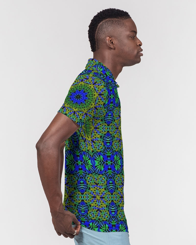 Blue Green Celtic Kaleidoscope Men's Slim Fit Short Sleeve Polo