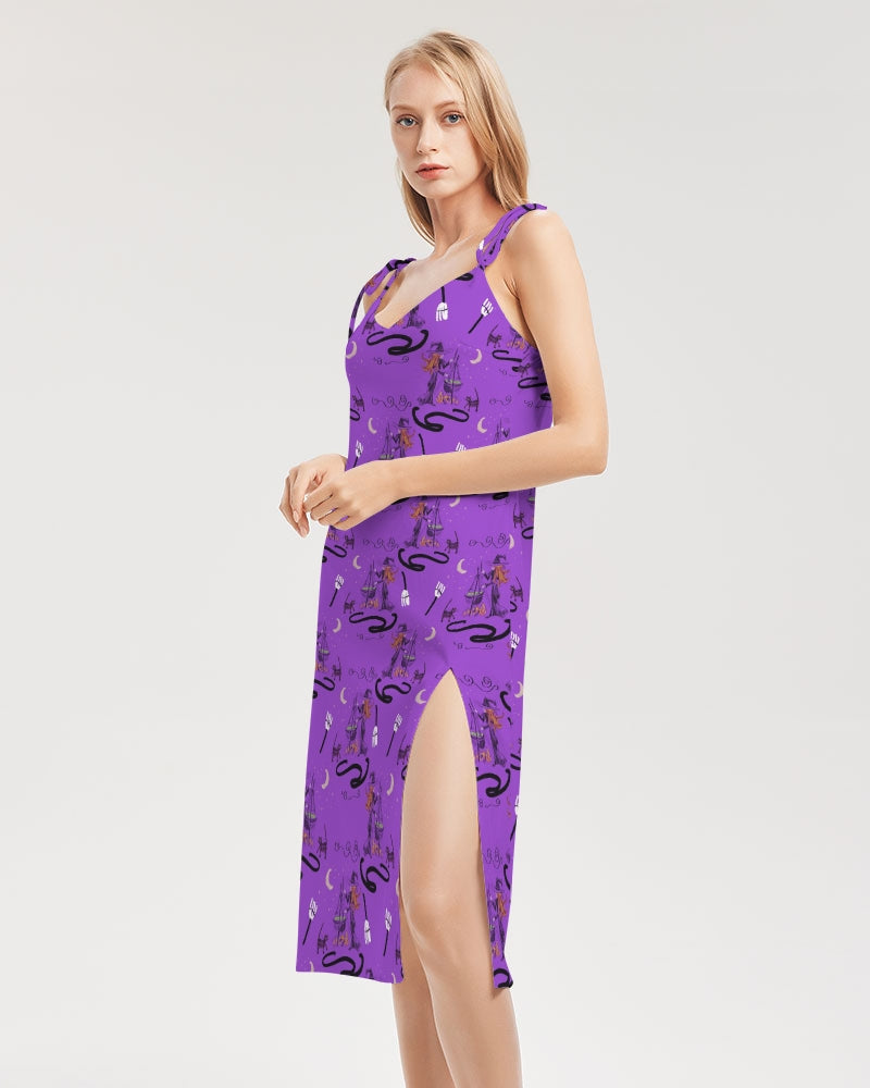 Witch Cat Cauldron Pattern Women's Tie Strap Split Dress