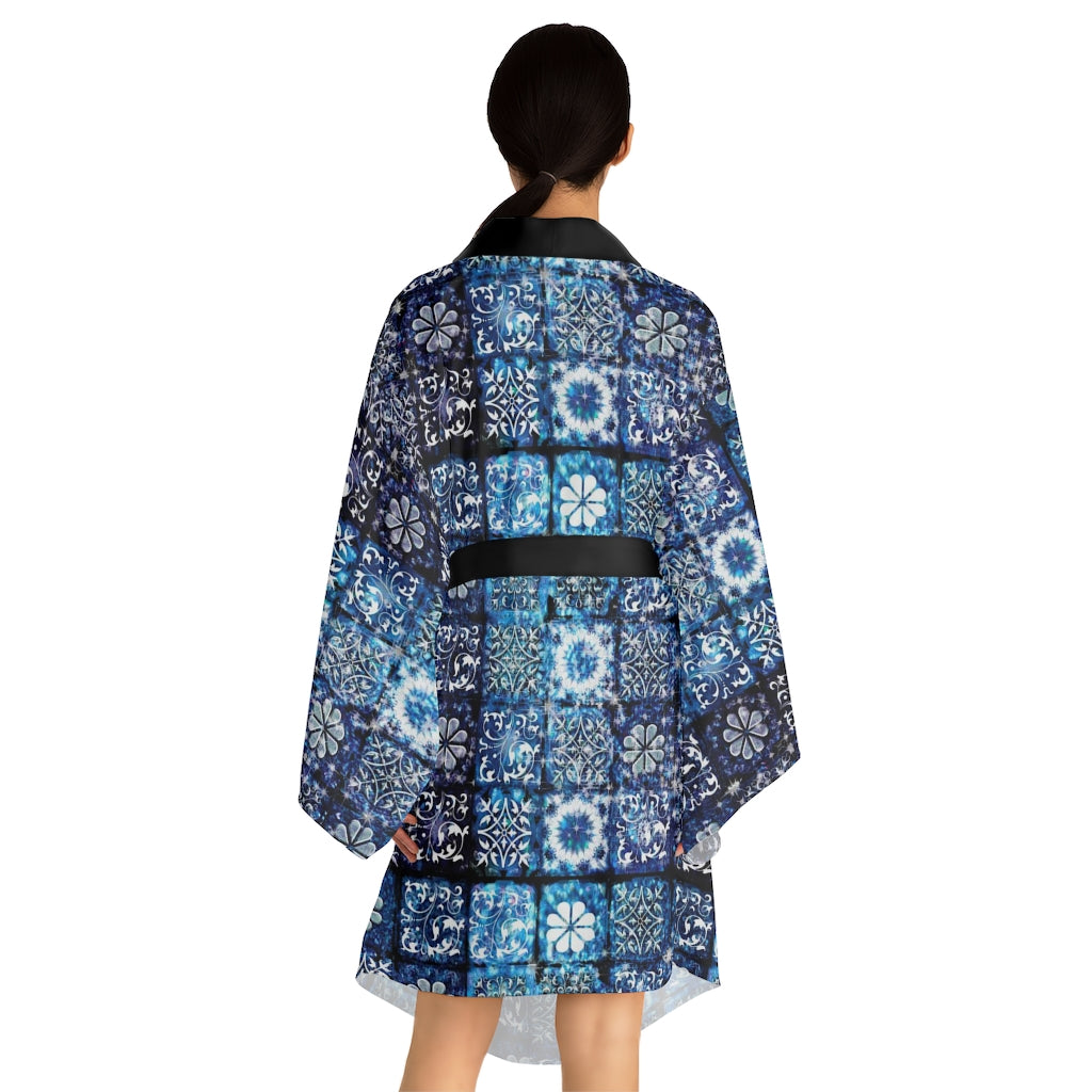 Blue Ice Crystals Motif Long Sleeve Kimono Robe