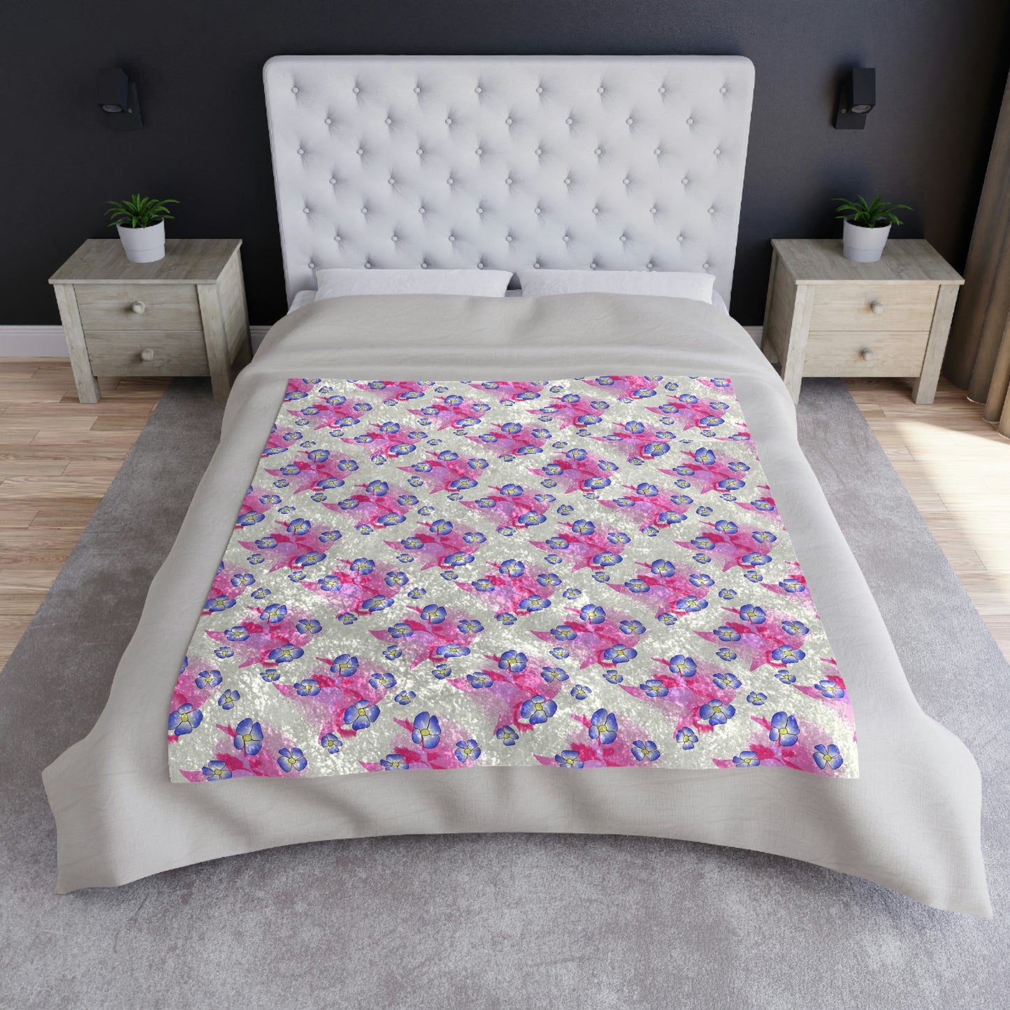 Blue Flowers On Pink Crushed Velvet Blanket