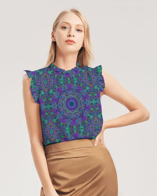 Blue Green Purple Kaleidoscope Women's Ruffle Sleeve Top