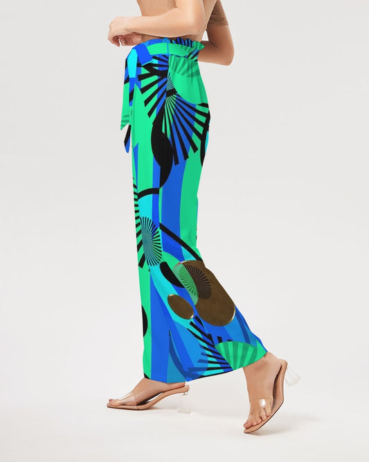 Blue Green Stripes and Dots Women's High-Rise Wide Leg Pants