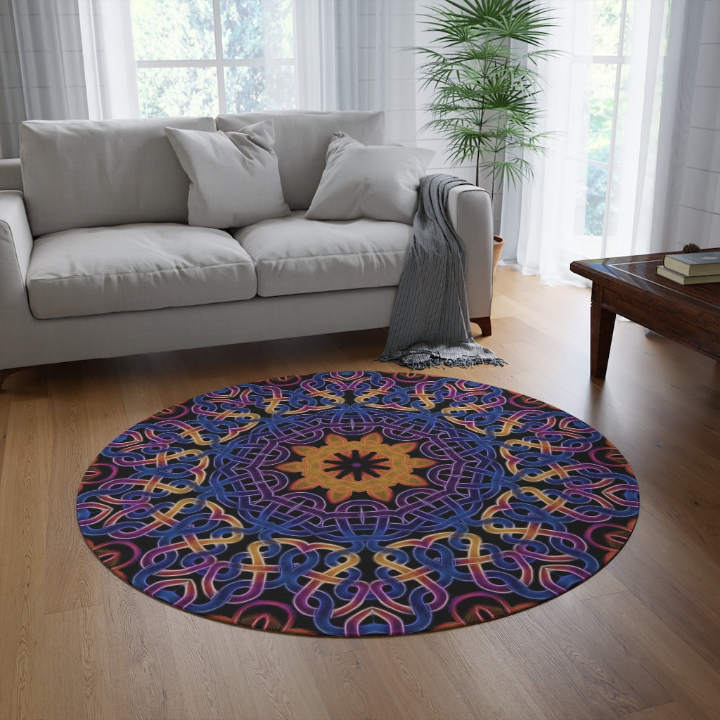 Blue Gold Celtic Kaleidoscope Round Rug