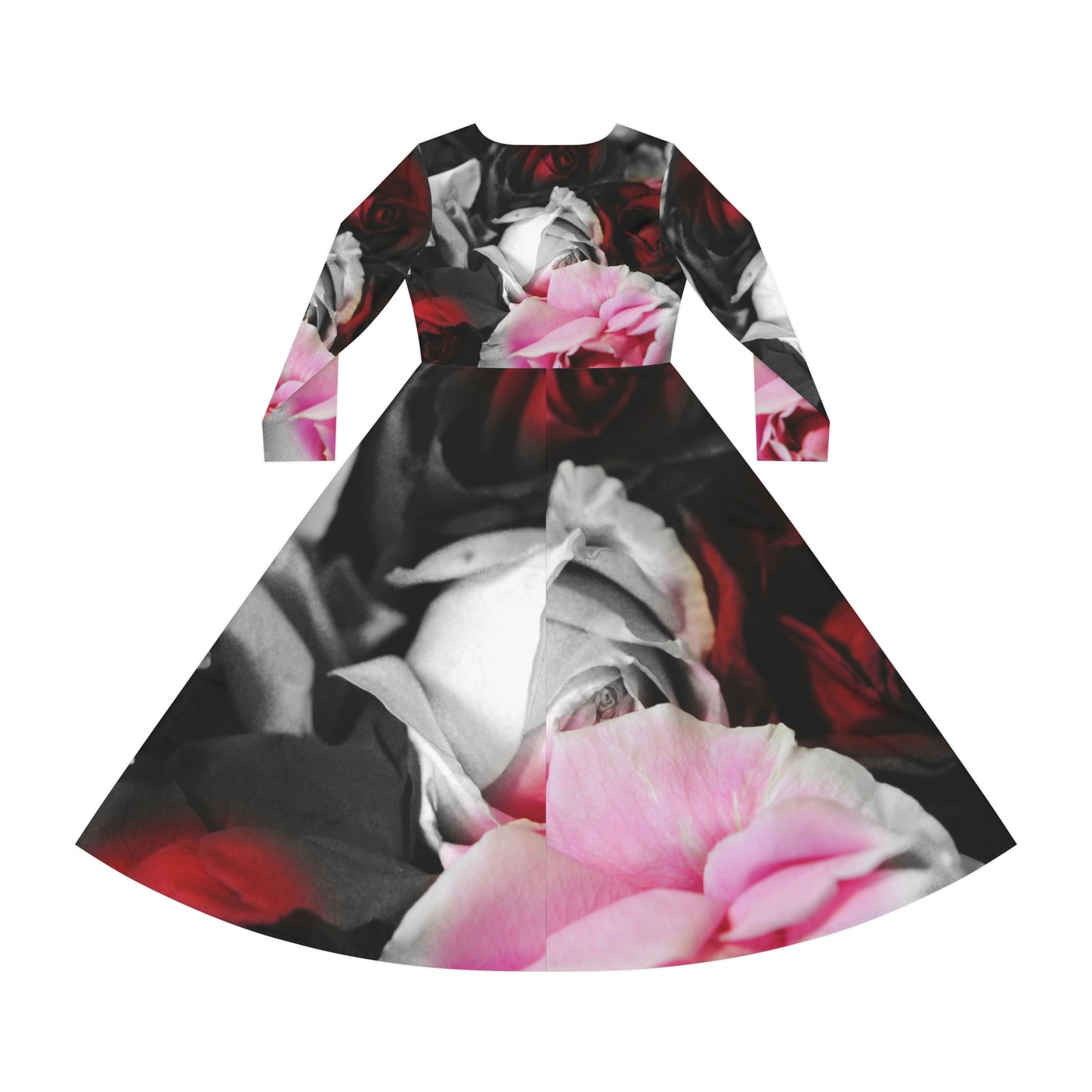 Black and White Roses Fade Women's Long Sleeve Dance Dress