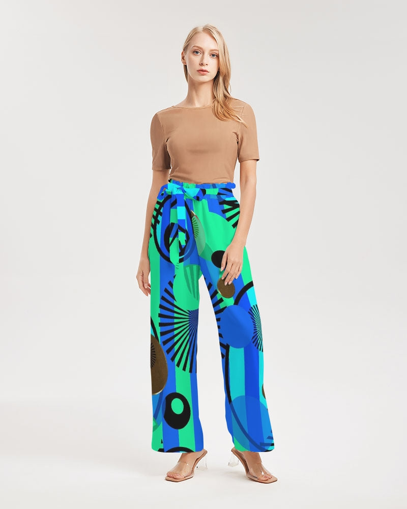 Blue Green Stripes and Dots Women's High-Rise Wide Leg Pants