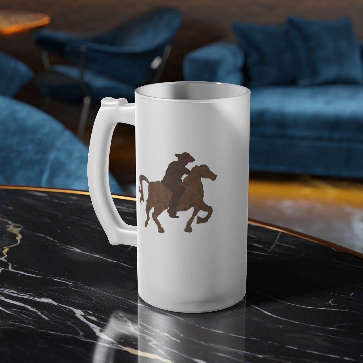 Cowboy On Horseback Frosted Glass Beer Mug