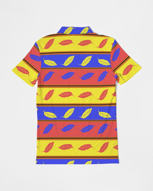 Red Yellow and Blue Leaf Stripes Men's Slim Fit Short Sleeve Polo
