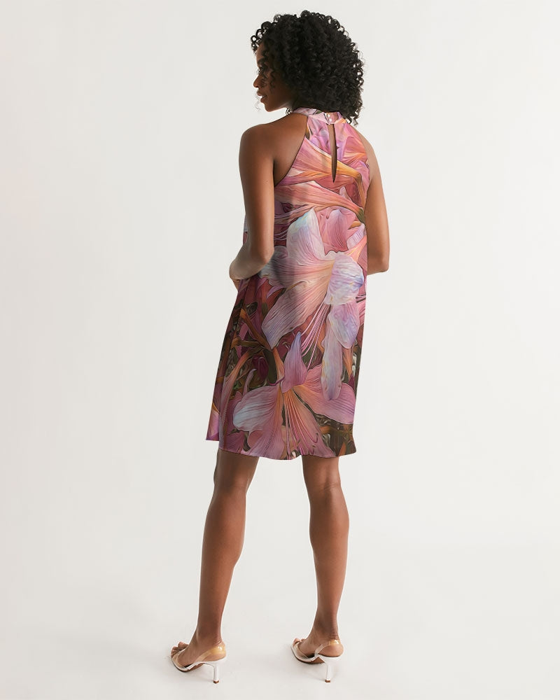 Pink Amaryllis Women's Halter Dress