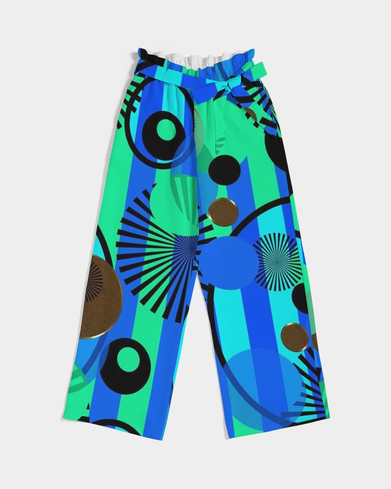 Blue Green Stripes and Dots Women's High-Rise Wide Leg Pants