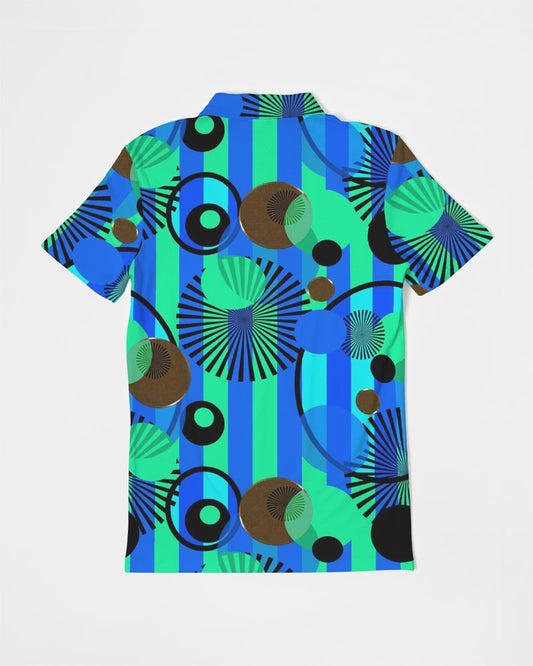 Blue Green Stripes and Dots Men's Slim Fit Short Sleeve Polo