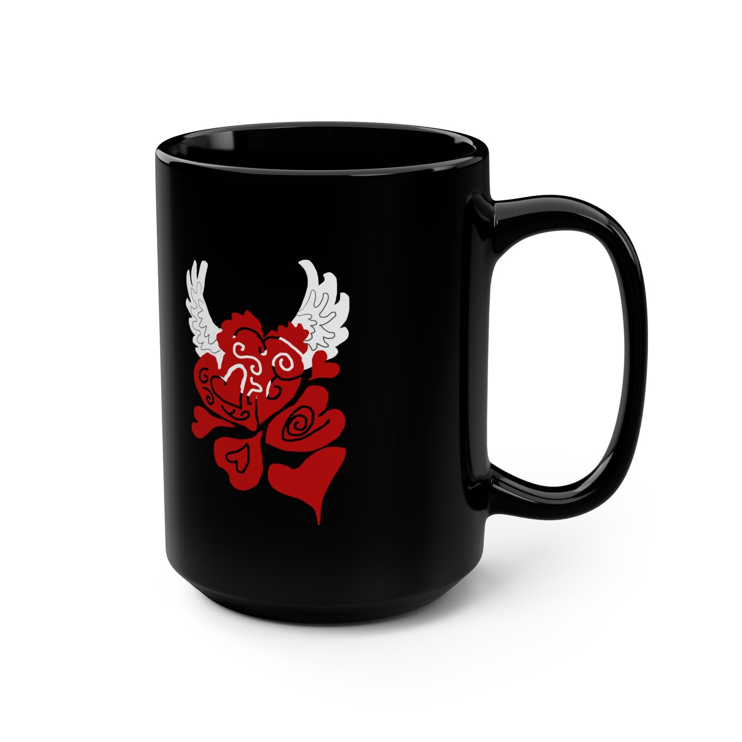 Hearts and Wings Black Mug, 15oz