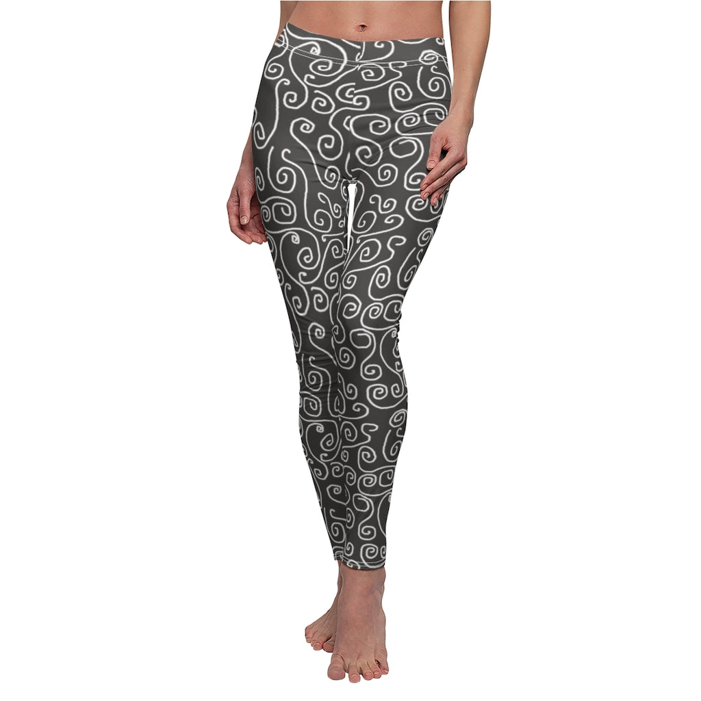 White Swirls On Gray Women's Cut & Sew Casual Leggings
