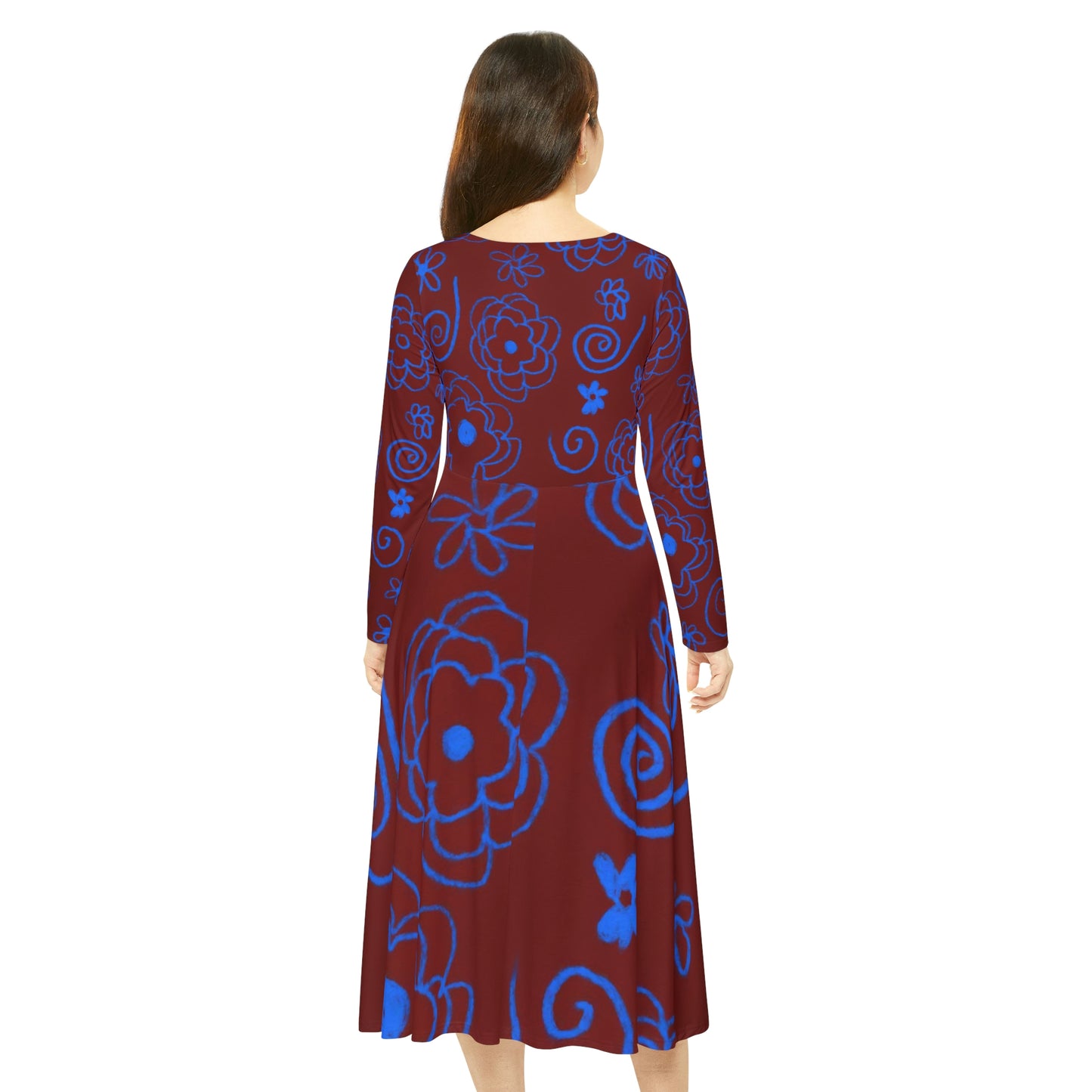 Blue Flower Drawing Women's Long Sleeve Dance Dress