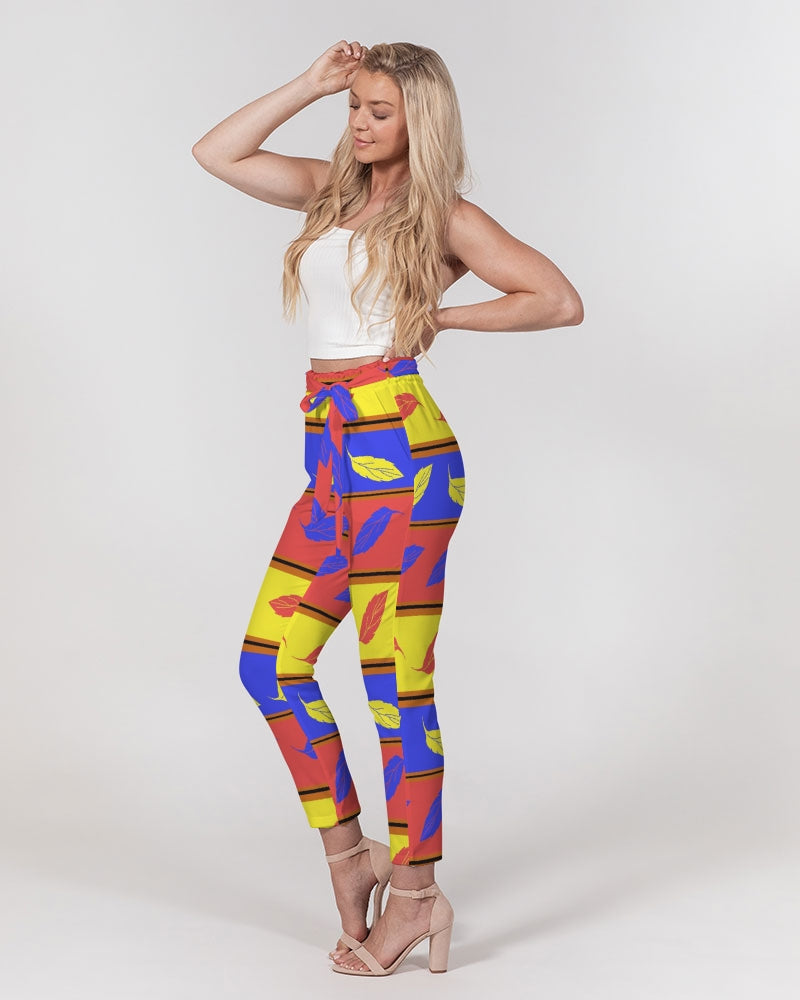 Red Yellow and Blue Leaf Stripes Women's Belted Tapered Pants