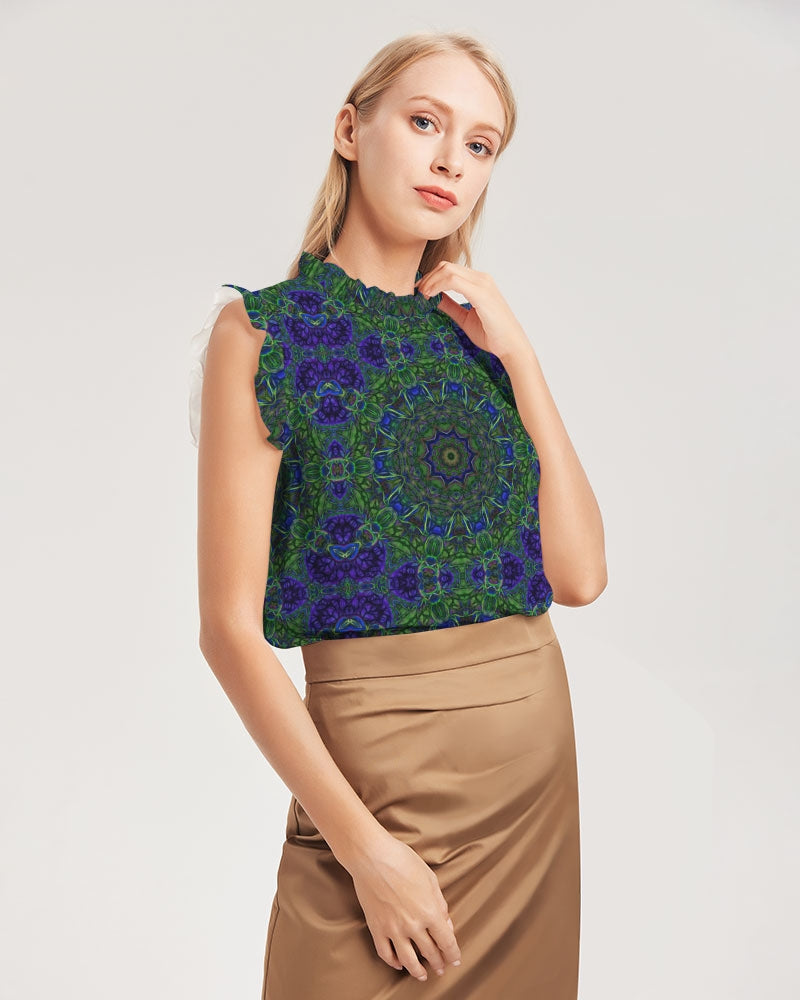 blue Green Ribbon Kaleidoscope Women's Ruffle Sleeve Top