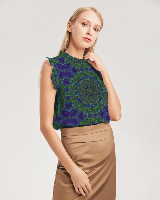 blue Green Ribbon Kaleidoscope Women's Ruffle Sleeve Top
