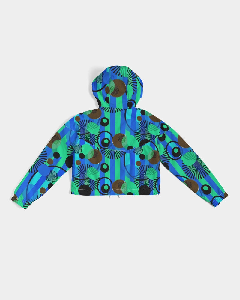 Blue Green Stripes and Dots Women's Cropped Windbreaker