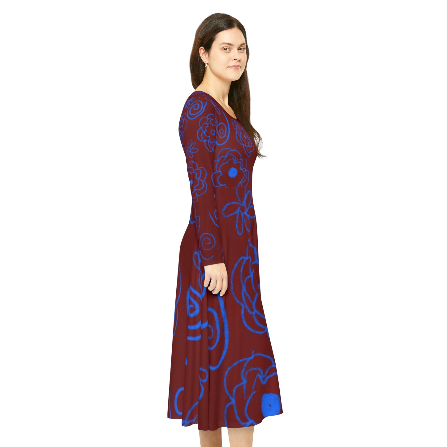 Blue Flower Drawing Women's Long Sleeve Dance Dress