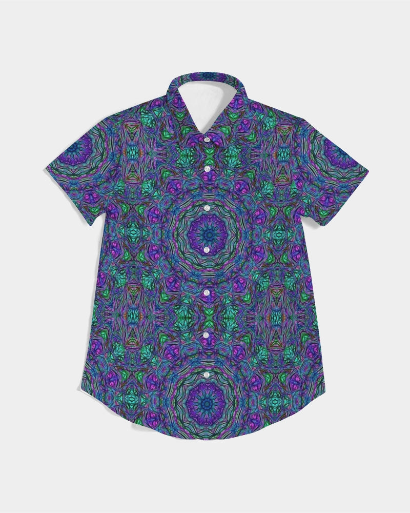 Blue Green Purple Kaleidoscope Women's Short Sleeve Button Up